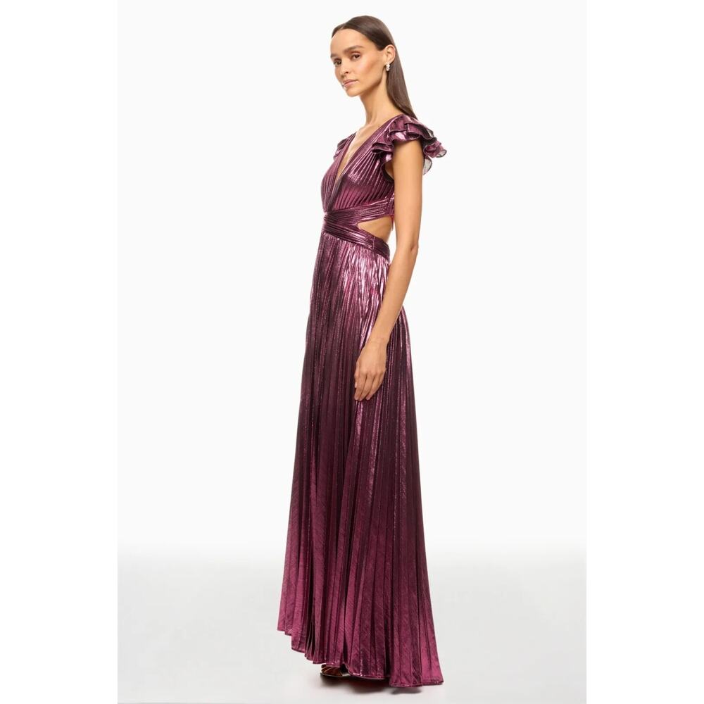 Ieena for Mac Duggal Ruffle Sleeve Metallic Gown Pleated Lace-Up Back Dress 12 - Picture 3 of 15